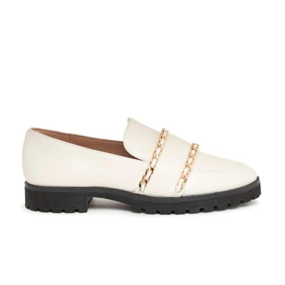 Karl Lagerfeld Paris Womens Loafers 8/38.5B Cream Leather Gold Chain Trim Chunky